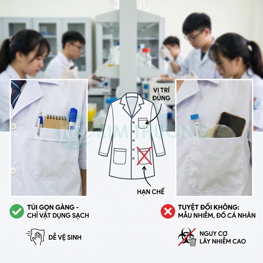 Áo blouse phòng thí nghiệm với túi áo gọn gàng chỉ đựng vật dụng sạch, tránh để mẫu nhiễm và đồ cá nhân bên trong