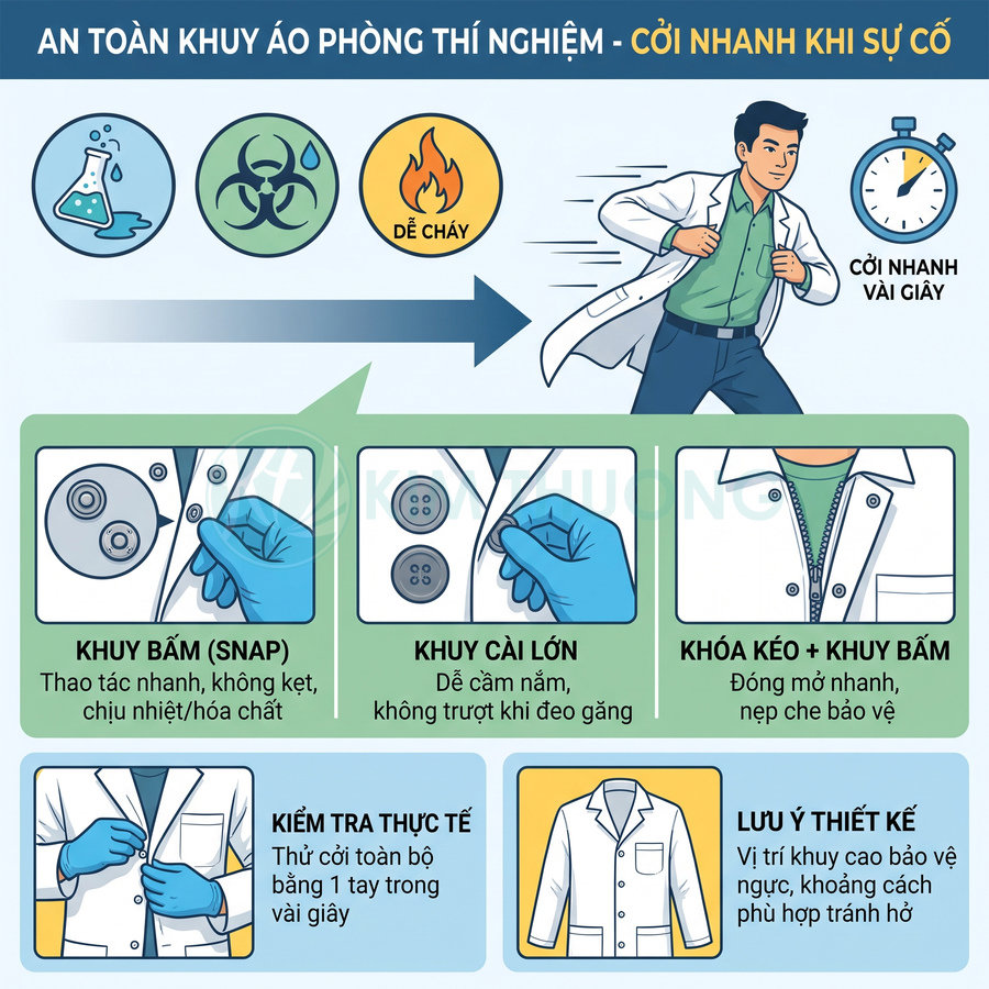 Áo blouse phòng thí nghiệm với khuy bấm, khuy cài lớn và khóa kéo giúp cởi nhanh khi xảy ra sự cố