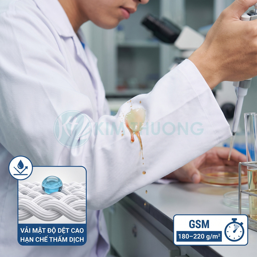 Vải mật độ dệt cao hạn chế thấm dịch, định lượng GSM 180 đến 220 g/m2