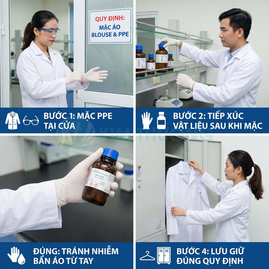 Nhân viên phòng thí nghiệm mặc đồ bảo hộ, thao tác với hóa chất và cất áo blouse đúng quy định