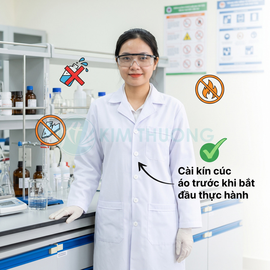 Nhân viên phòng thí nghiệm mặc áo blouse trắng đã cài kín cúc, đeo kính bảo hộ và găng tay khi thực hành.