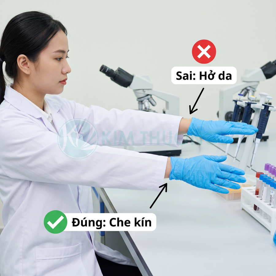 Nhân viên phòng thí nghiệm đeo găng tay đúng cách, che kín cổ tay để tránh hở da 
