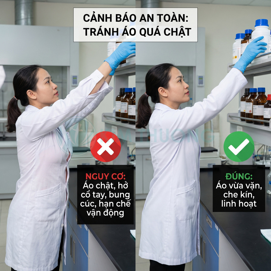 Nhân viên phòng thí nghiệm mặc áo blouse vừa vặn, che kín khi lấy chai hóa chất trên kệ, minh họa cách tránh áo quá chật