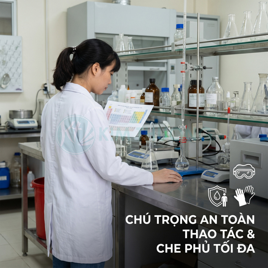 Nhân viên phòng thí nghiệm mặc áo blouse kiểm tra bảng tuần hoàn, chú trọng an toàn khi thao tác hóa chất