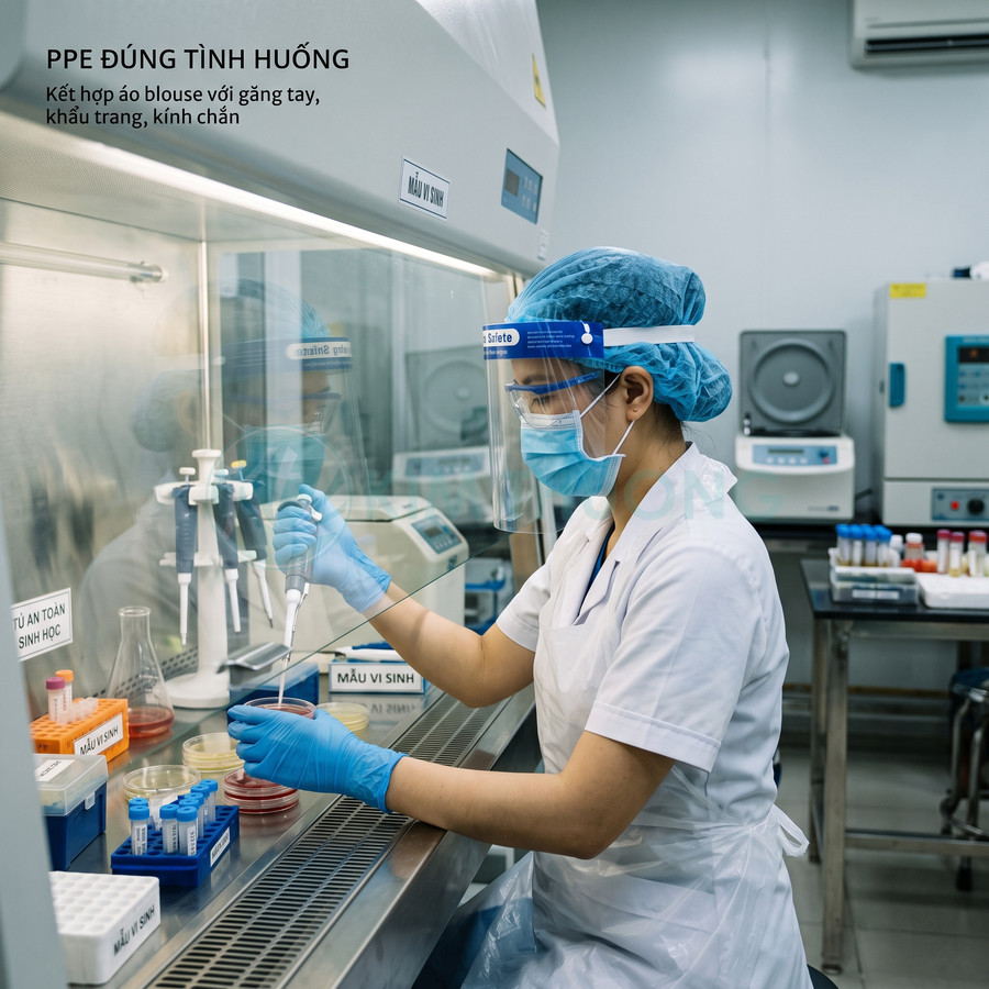 Nhân viên phòng thí nghiệm mặc đồ bảo hộ, đeo khẩu trang và kính chắn đang thao tác mẫu vi sinh trong tủ an toàn sinh học