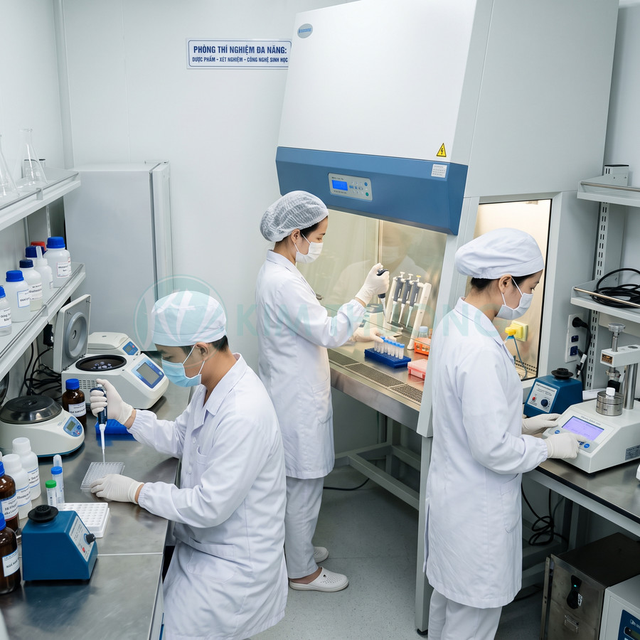 Kỹ thuật viên phòng thí nghiệm sử dụng tủ an toàn sinh học và thiết bị xét nghiệm hiện đại để phân tích mẫu