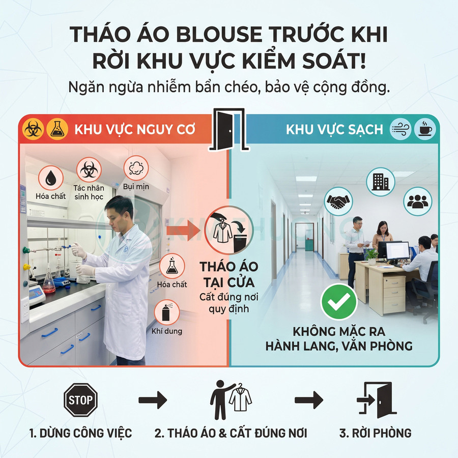 Áo blouse phòng thí nghiệm được tháo và cất đúng nơi trước khi rời khu vực kiểm soát