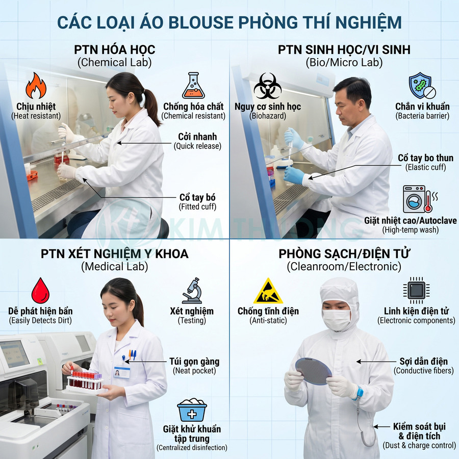 Các loại áo blouse phòng thí nghiệm cho hóa học, sinh học, xét nghiệm y khoa và phòng sạch điện tử