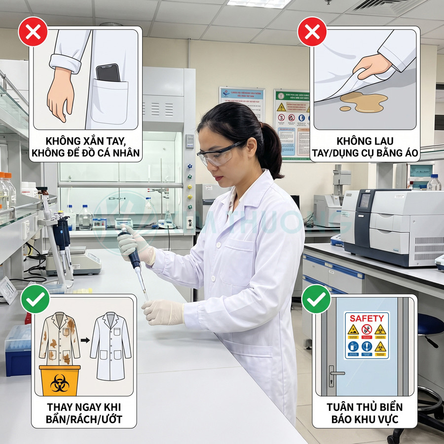 Nhân viên phòng thí nghiệm mặc áo blouse, găng tay và kính bảo hộ khi sử dụng pipet vi lượng