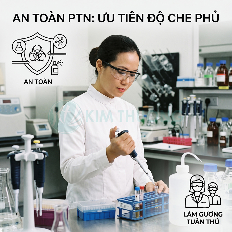 Nhân viên phòng thí nghiệm dùng micropipette lấy mẫu vào ống nghiệm, tuân thủ an toàn với kính bảo hộ và áo blouse