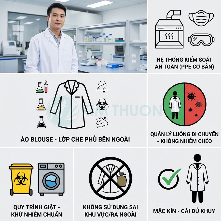 Áo blouse phòng thí nghiệm và quy trình PPE, kiểm soát nhiễm chéo, giặt khử khuẩn và cài kín khuy áo