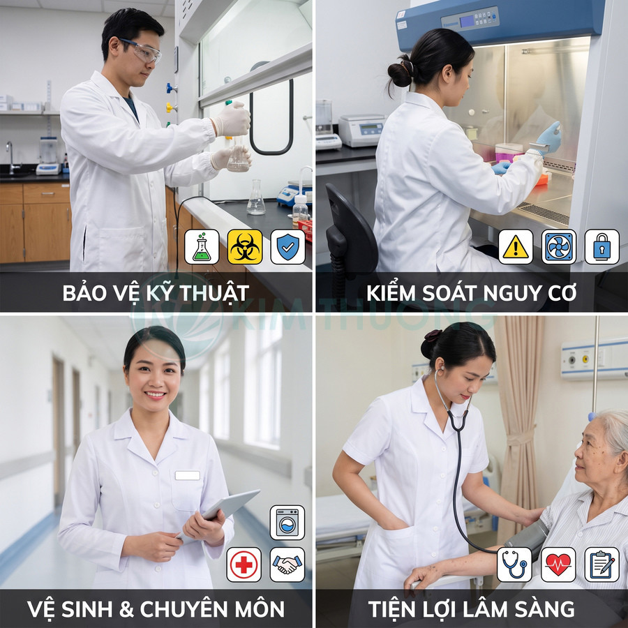 Nhân viên phòng thí nghiệm và điều dưỡng thực hiện quy trình an toàn, vệ sinh và chăm sóc bệnh nhân chuyên nghiệp