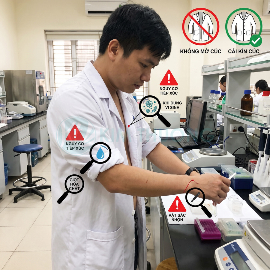 Nhân viên phòng thí nghiệm mặc áo blouse cài kín cúc, thao tác với mẫu và dụng cụ trong phòng lab, kèm cảnh báo nguy cơ phơi nhiễm sinh học, hóa chất và vật sắc nhọn