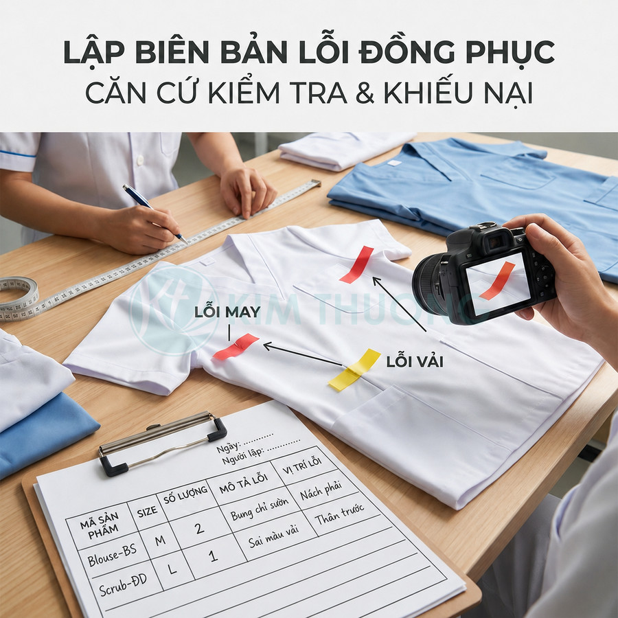 Nhân viên kiểm tra và ghi biên bản lỗi may, lỗi vải trên áo đồng phục y tế trắng