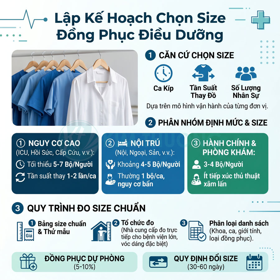 Hướng dẫn lập kế hoạch chọn size đồng phục điều dưỡng với hình ảnh áo blouse và áo scrub treo trên móc