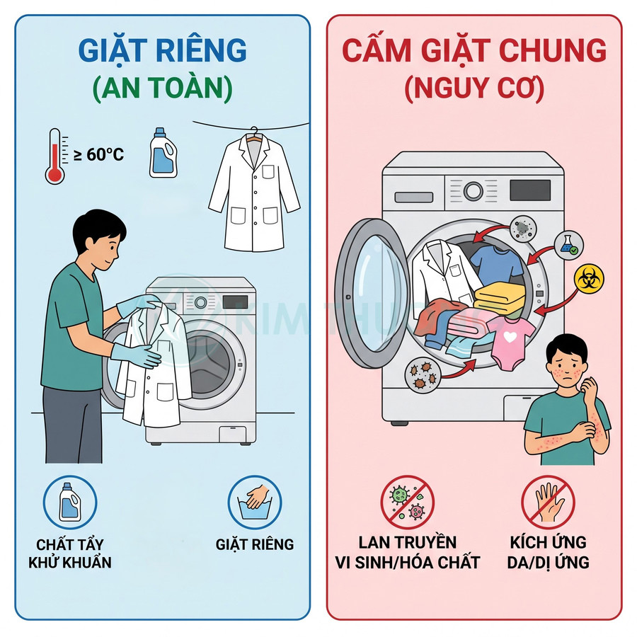 Khuyến cáo giặt riêng áo blouse với nước từ 60 độ và chất tẩy khử khuẩn, tránh giặt chung gây lây nhiễm và kích ứng da