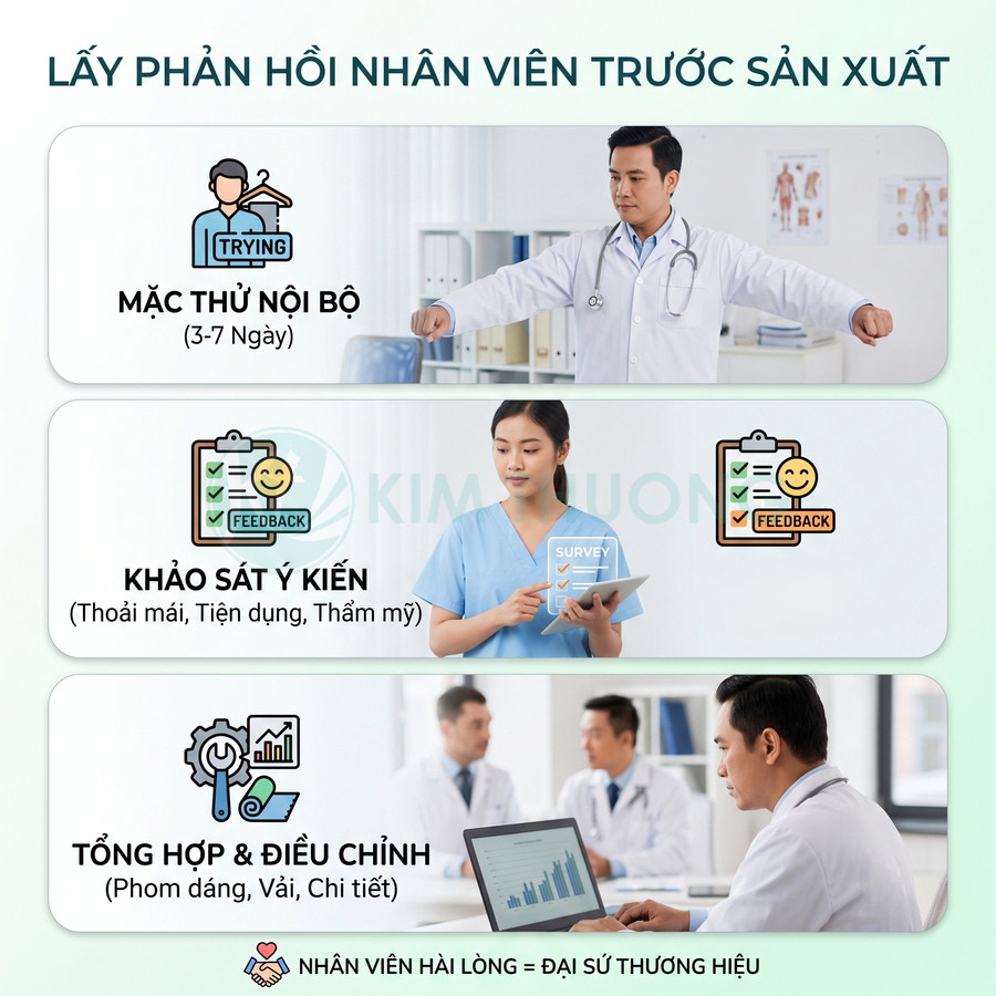 Quy trình lấy phản hồi nhân viên y tế về đồng phục bệnh viện trước khi sản xuất hàng loạt