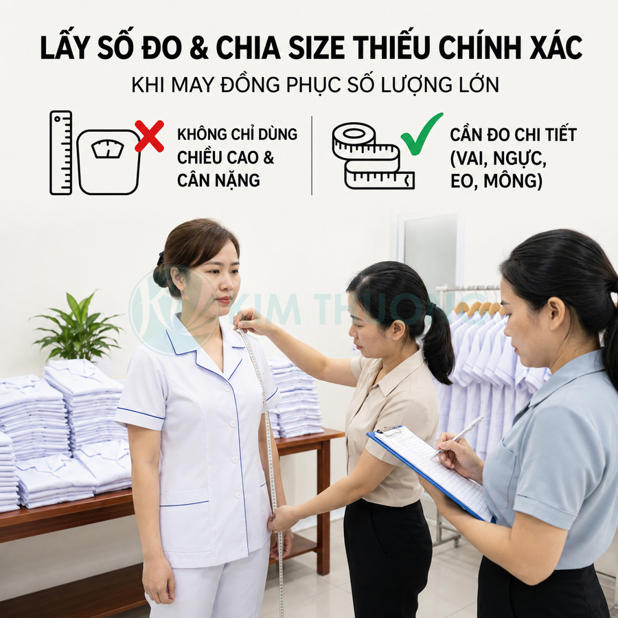 Nhân viên đo số đo cơ thể để may đồng phục y tá trắng cho nữ trong xưởng may đồng phục