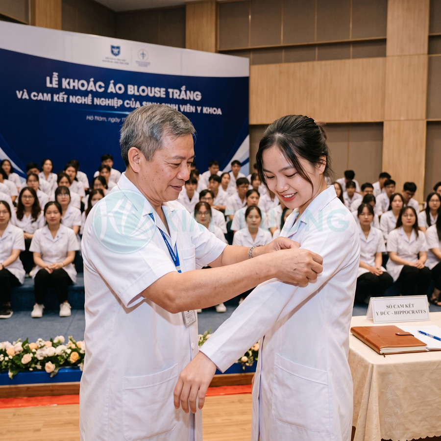 Giảng viên khoác áo blouse trắng cho nữ sinh viên y khoa trong lễ cam kết nghề nghiệp