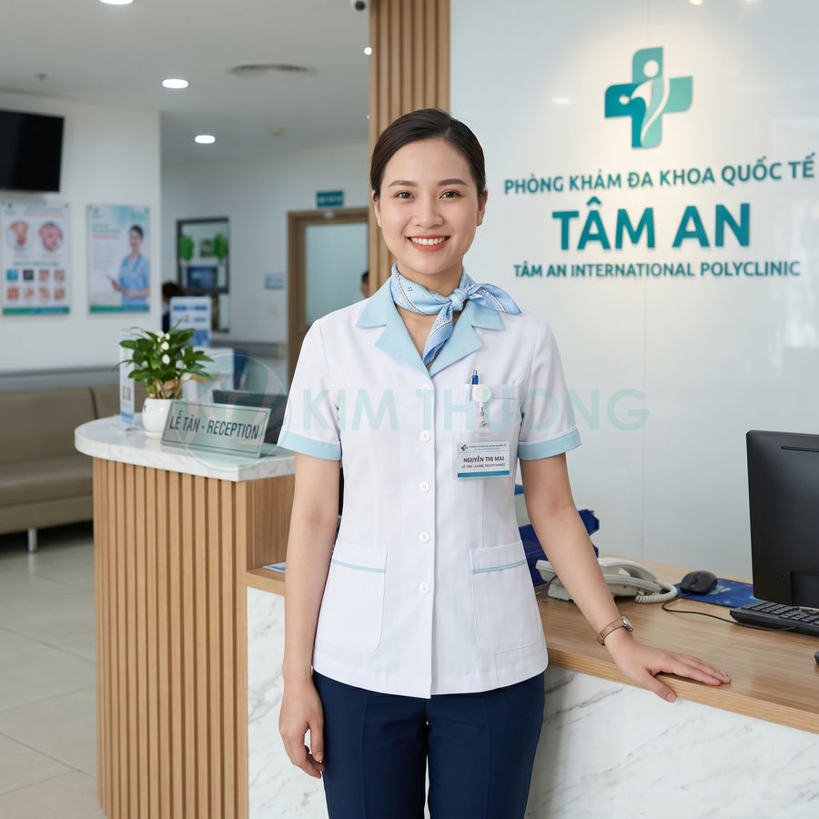 Nhân viên lễ tân phòng khám đa khoa quốc tế Tâm An đứng tại quầy tiếp đón khách hàng