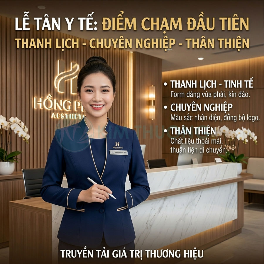 Đồng phục lễ tân y tế màu xanh navy thanh lịch chuyên nghiệp tại quầy tiếp đón Hồng Phúc Aesthetic