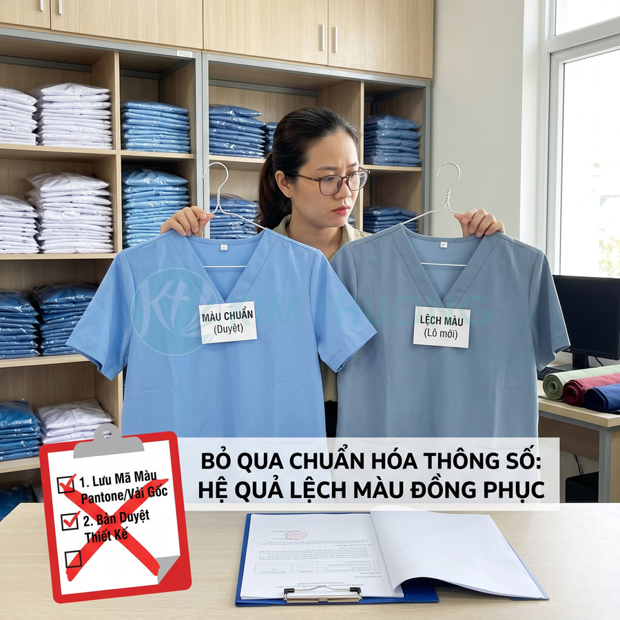 Nhân viên so sánh hai mẫu áo đồng phục y tế màu xanh lệch màu trong kho hàng