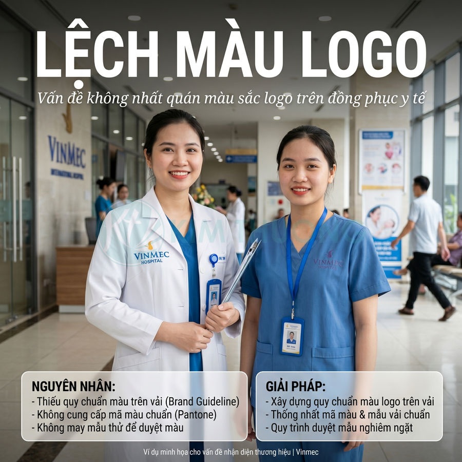 Hai nữ nhân viên y tế Vinmec mặc đồng phục bệnh viện với logo Vinmec trên áo và thẻ tên