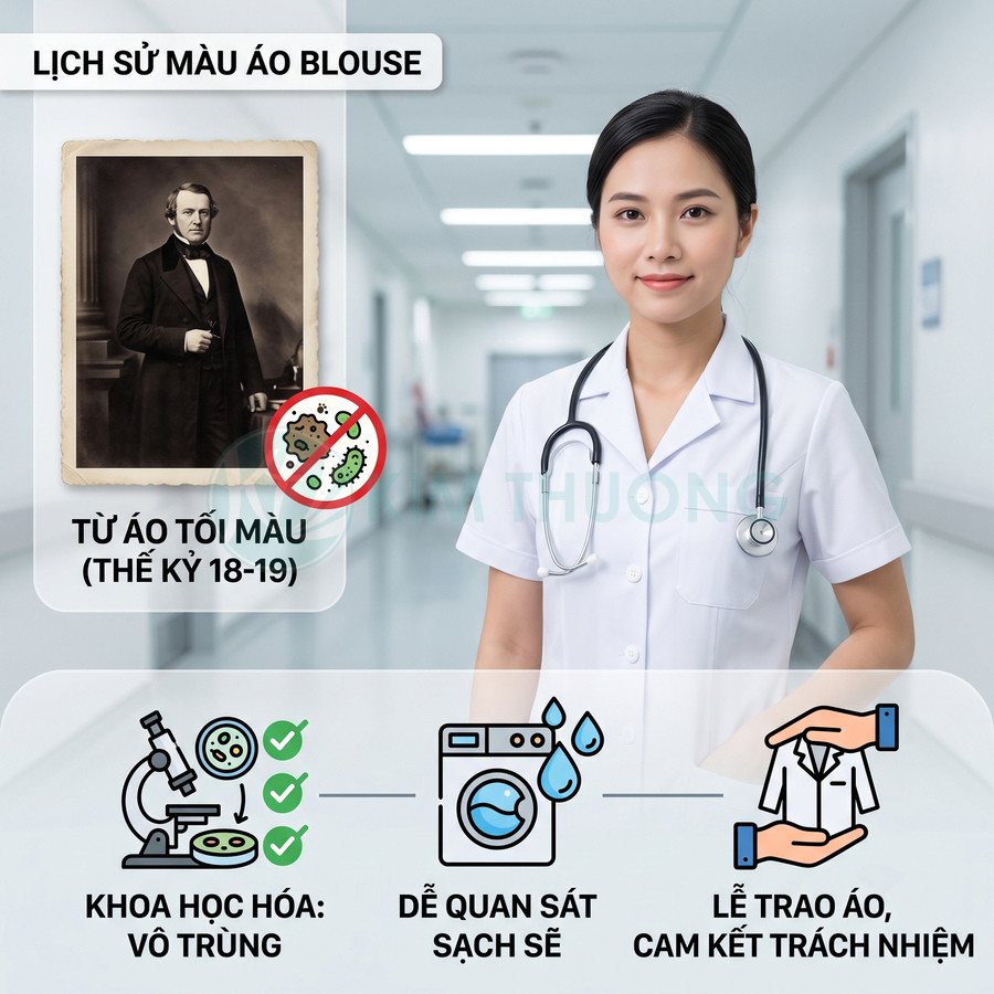 Nữ bác sĩ mặc áo blouse trắng và ống nghe trong bệnh viện, minh họa lịch sử và ý nghĩa màu áo blouse