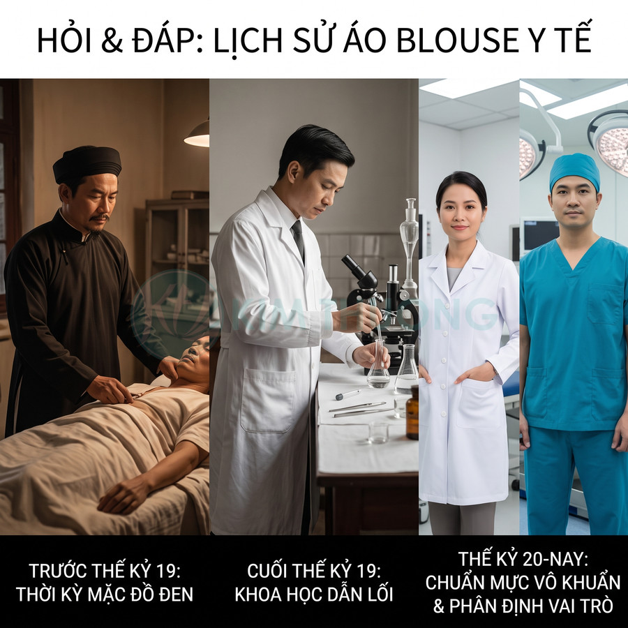 Lịch sử áo blouse y tế từ trang phục đen cổ xưa đến áo blouse trắng và đồ phẫu thuật xanh hiện đại