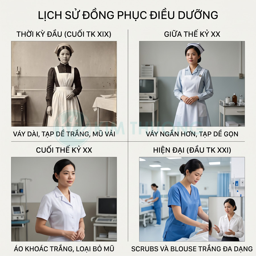 Lịch sử đồng phục điều dưỡng từ váy dài tạp dề trắng đến áo blouse và scrubs hiện đại trong bệnh viện