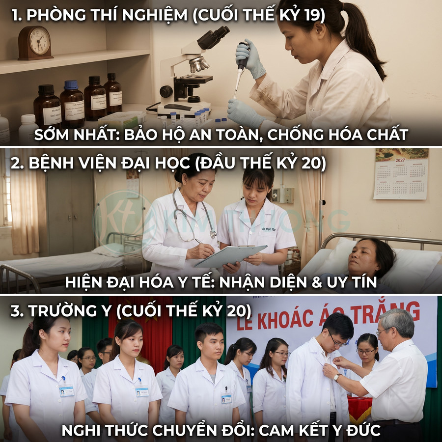 Ba bối cảnh nhân viên y tế và sinh viên y khoa mặc áo blouse trắng trong phòng thí nghiệm, bệnh viện và lễ khoác áo trắng