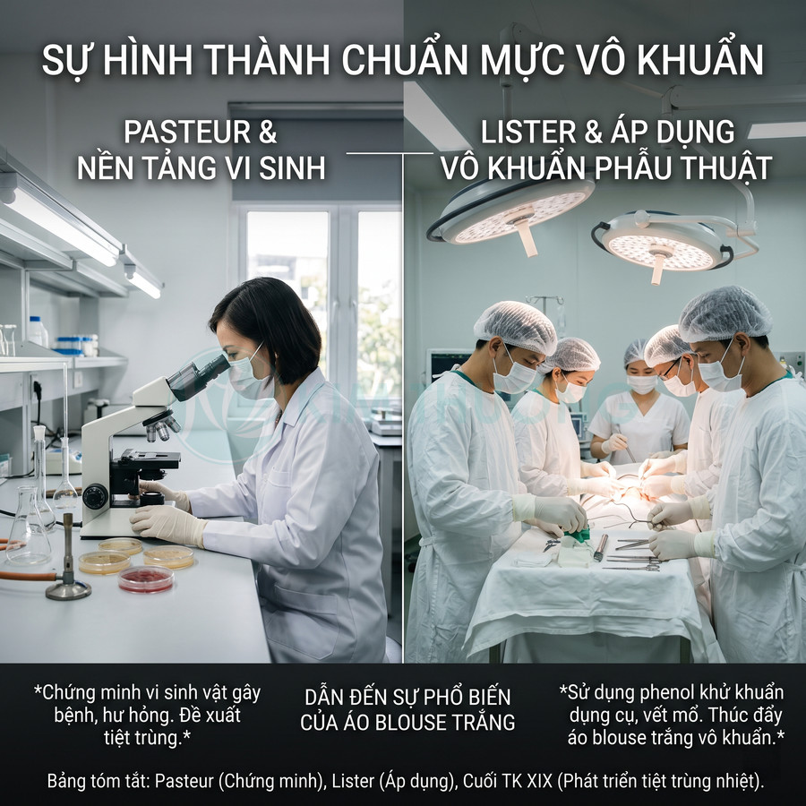Nhân viên y tế mặc áo blouse trắng làm việc trong phòng thí nghiệm và kíp bác sĩ phẫu thuật trong phòng mổ vô khuẩn