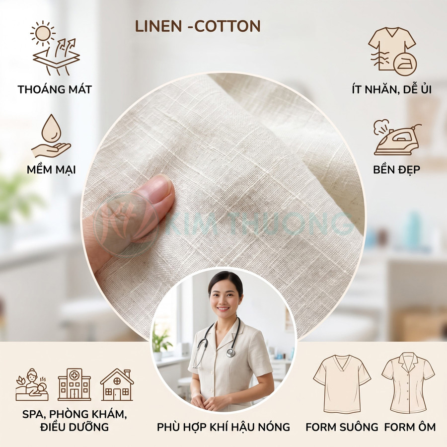 Vải linen cotton màu be mềm thoáng mát, ít nhăn, phù hợp may đồng phục spa, phòng khám và điều dưỡng