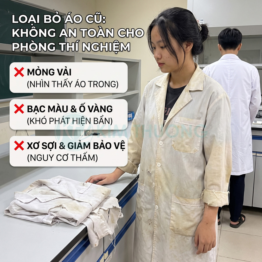 Áo blouse phòng thí nghiệm cũ bị mỏng, bạc màu, ố vàng và sờn rách, đặt trên bàn bên cạnh nữ sinh viên mặc áo blouse cũ