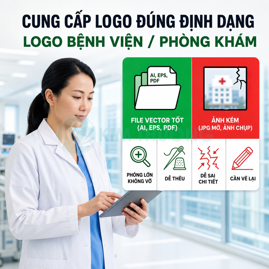 Bác sĩ dùng máy tính bảng bên cạnh bảng hướng dẫn cung cấp file logo vector chuẩn cho bệnh viện phòng khám