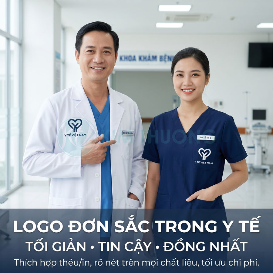 Hai bác sĩ mặc đồng phục y tế in logo Y Tế Việt Nam đứng trong bệnh viện, giới thiệu thiết kế logo đơn sắc