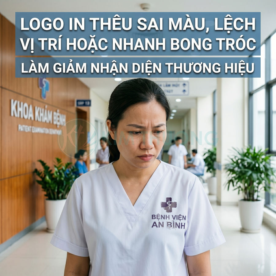 Đồng phục y tá bệnh viện An Bình với logo in thêu sai màu lệch vị trí trong hành lang khoa khám bệnh