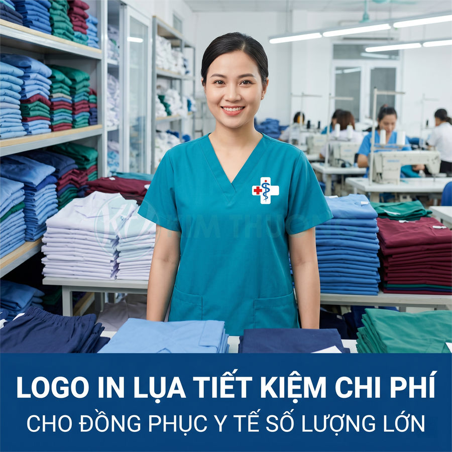 Nhân viên mặc đồng phục y tế xanh in logo đứng trong xưởng may đồng phục y tế số lượng lớn