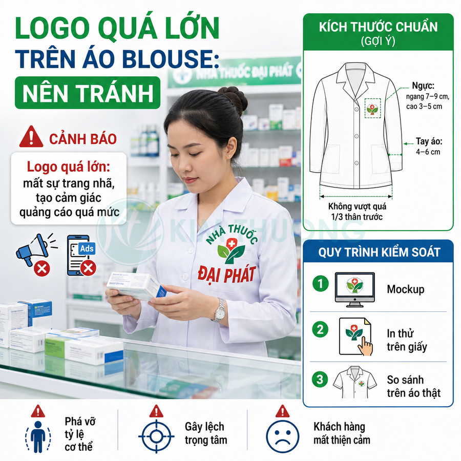 Dược sĩ trong nhà thuốc mặc áo blouse trắng in logo Nhà Thuốc Đại Phát kích thước lớn trên ngực