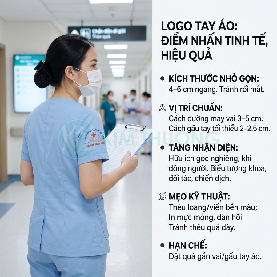 Nữ y tá mặc đồng phục y tế xanh in logo trên tay áo, cầm bảng hồ sơ đứng trong hành lang bệnh viện