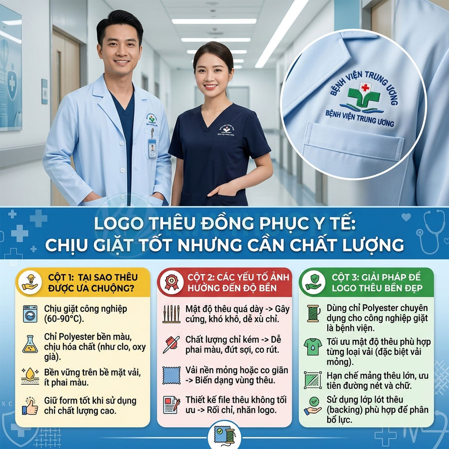 Logo thêu trên đồng phục y tá và bác sĩ bệnh viện trung ương màu xanh chuyên nghiệp
