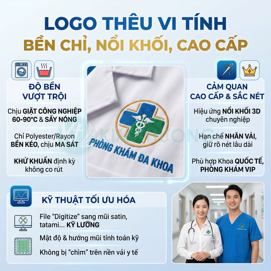 Logo thêu vi tính nổi khối trên áo blouse và đồng phục y tế phòng khám đa khoa cao cấp