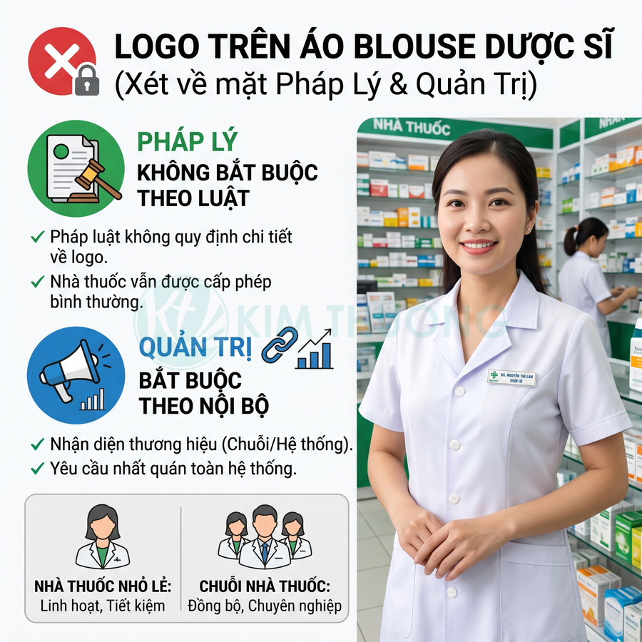 Dược sĩ mặc áo blouse có logo nhà thuốc đứng trong quầy thuốc tây hiện đại, nhiều kệ thuốc phía sau