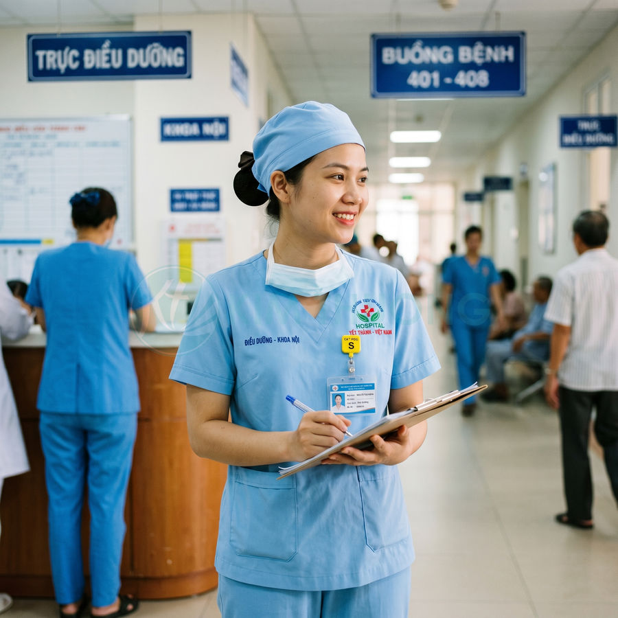 Nữ y tá mặc đồng phục bệnh viện màu xanh cầm bảng hồ sơ bệnh án trong hành lang khoa nội