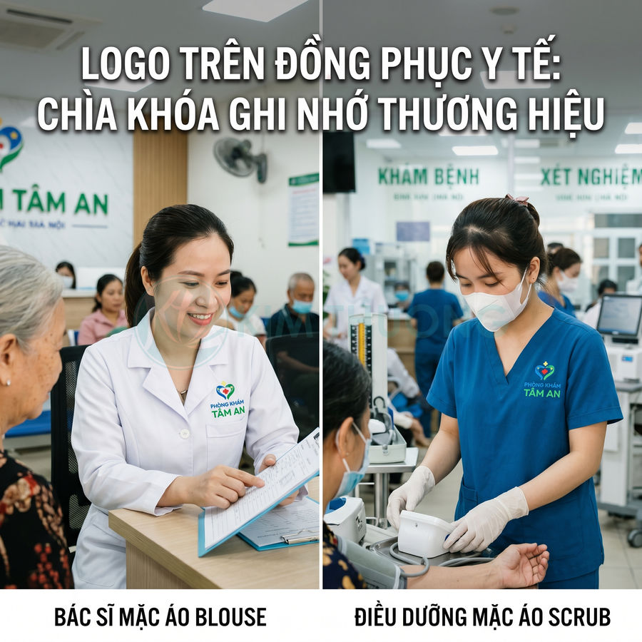 Bác sĩ và điều dưỡng mặc đồng phục y tế có logo Phòng khám Tâm An khi khám cho bệnh nhân