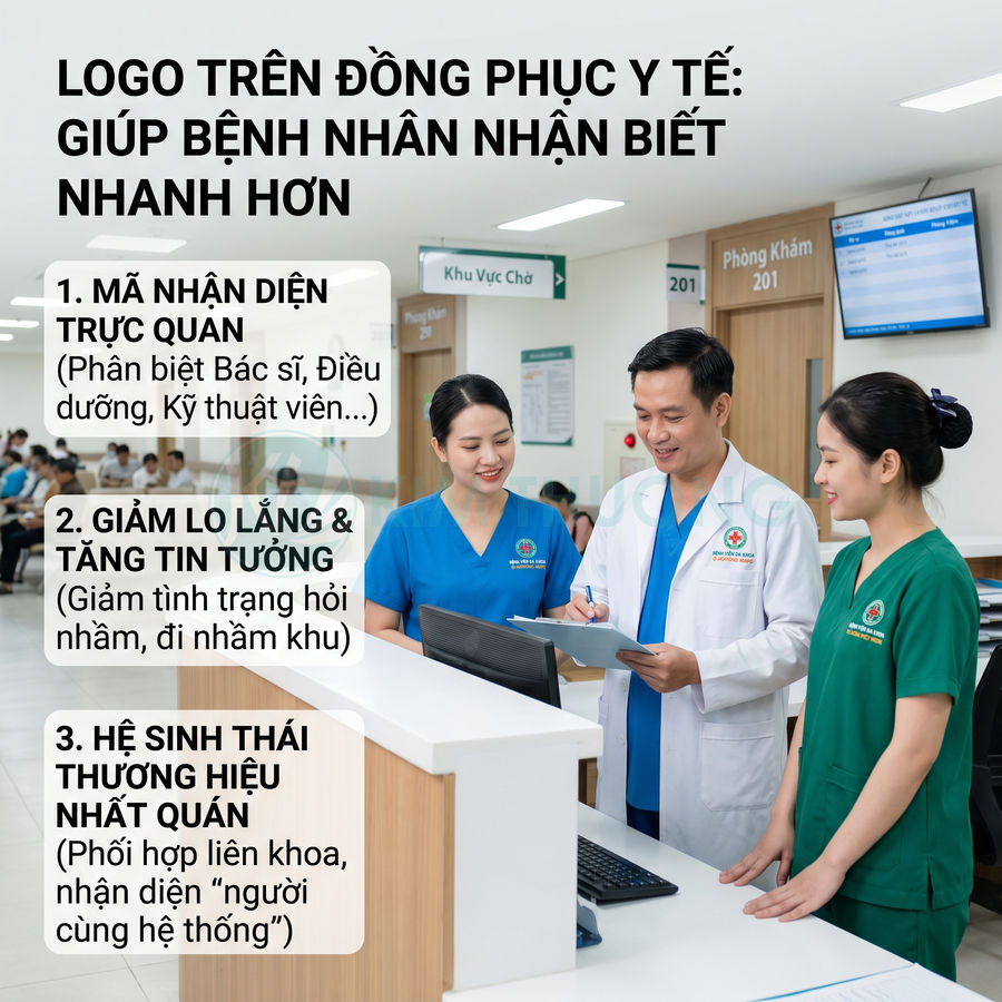 Bộ đồng phục y tế có logo bệnh viện, bác sĩ và điều dưỡng trao đổi hồ sơ tại quầy tiếp nhận