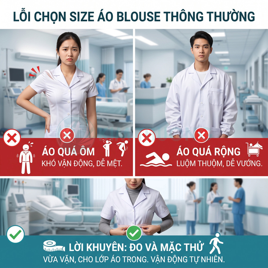 Hướng dẫn chọn size áo blouse y tế vừa vặn, tránh áo quá ôm hoặc quá rộng khi làm việc trong bệnh viện