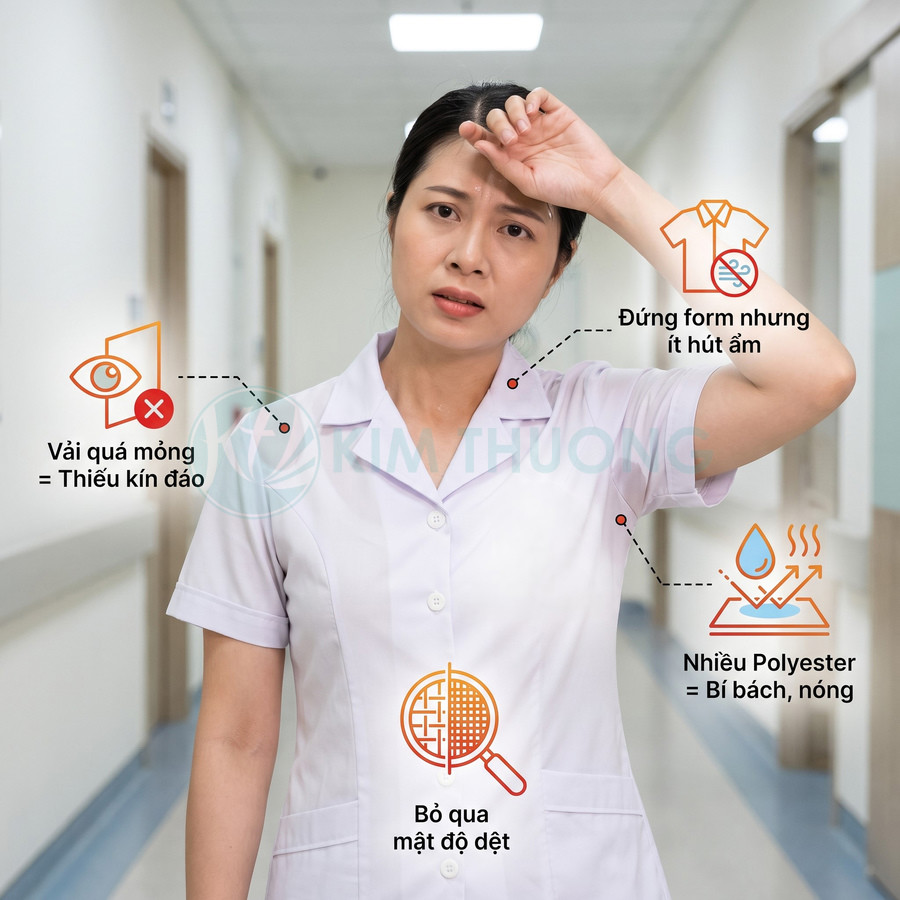 Áo đồng phục y tế màu trắng tay ngắn, cổ bẻ, được chú thích về độ mỏng, khả năng thấm hút và thành phần polyester.
