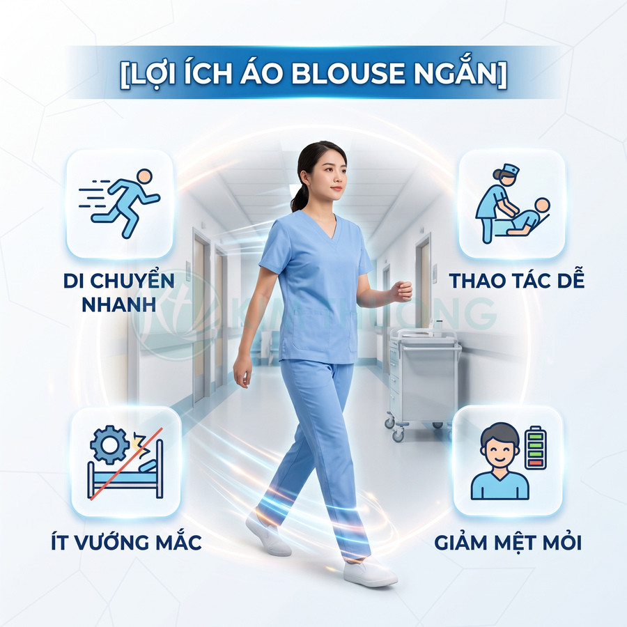 Áo blouse ngắn màu xanh cho nhân viên y tế giúp di chuyển nhanh, thao tác dễ, ít vướng mắc, giảm mệt mỏi