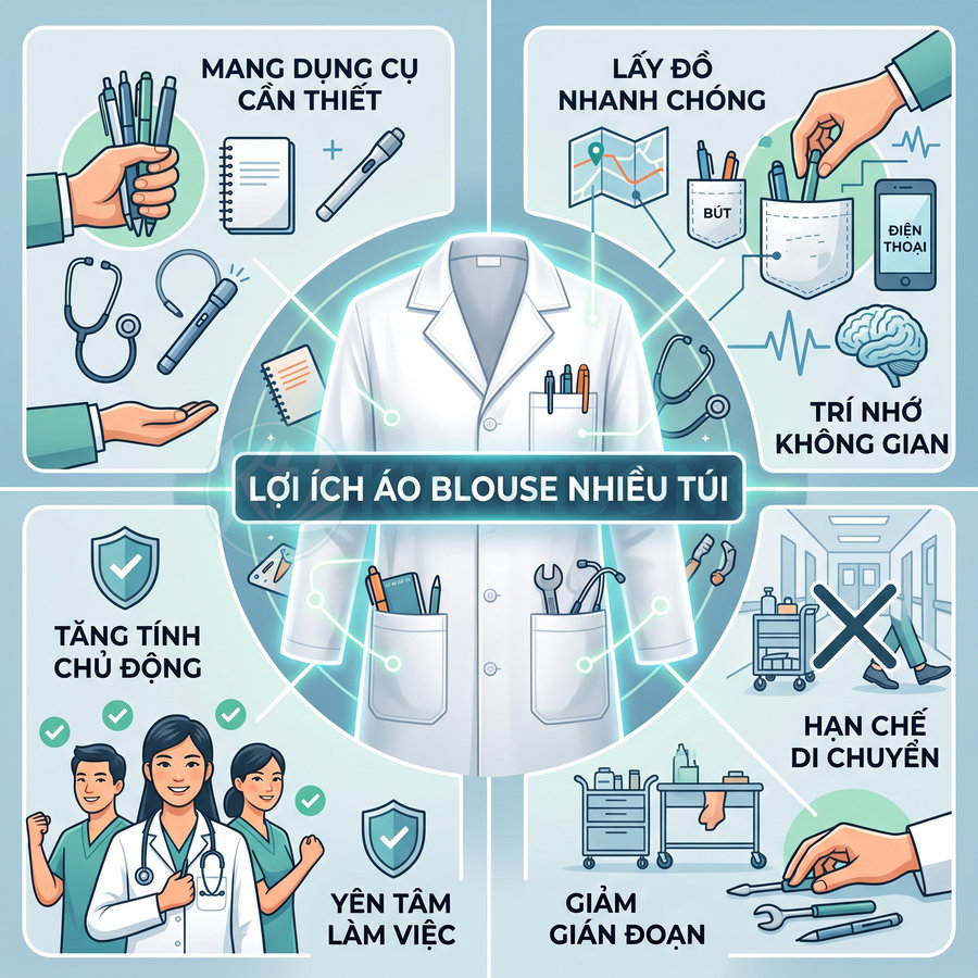 Áo blouse bác sĩ nhiều túi đựng bút, sổ tay, ống nghe và dụng cụ y tế giúp làm việc chủ động, nhanh chóng